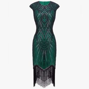 1920 Vintage Sequin Embellished Fringe Long Gatsby Flapper Dress